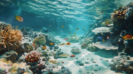 Beautiful underwater scenery with various types of fish and coral reefs Generative AI