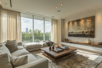 Luxurious Living Room with Sofa, Coffee Table, and Floor Ottoman