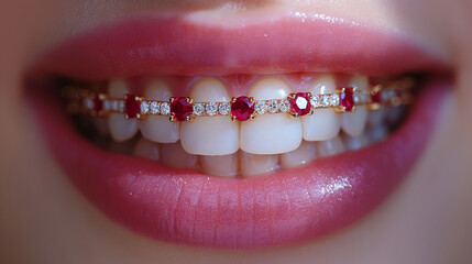 Closeup of smiling white teeth covered with braces encrusted with white diamonds, tiny red ruby gemstones and yellow gold