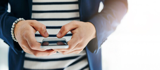 Hands, phone and working or typing for crypto, trading on stock market with financial assets. Mobile, person and casual with blockchain technology for future goal, online communication with economy