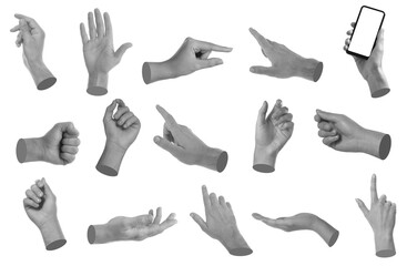 Set of different hand gestures isolated on white. Black and white effect