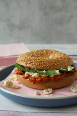 Sesame Bagel with Ajvar, Feta, and Lamb's Lettuce