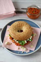 Sesame Bagel with Ajvar, Feta, and Lamb's Lettuce