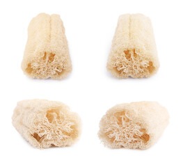 Natural loofah sponges isolated on white, set
