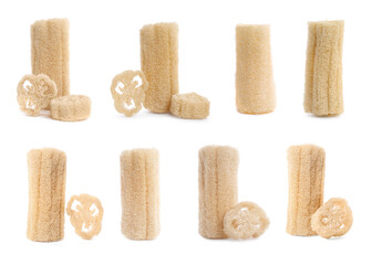 Natural loofah sponges isolated on white, set