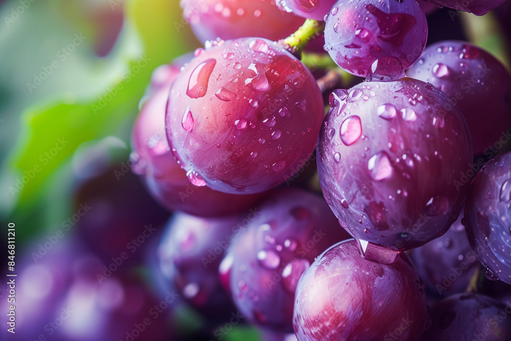 Poster a bunch of grapes with raindrops on them. the grapes are red and shiny. the raindrops make the grape