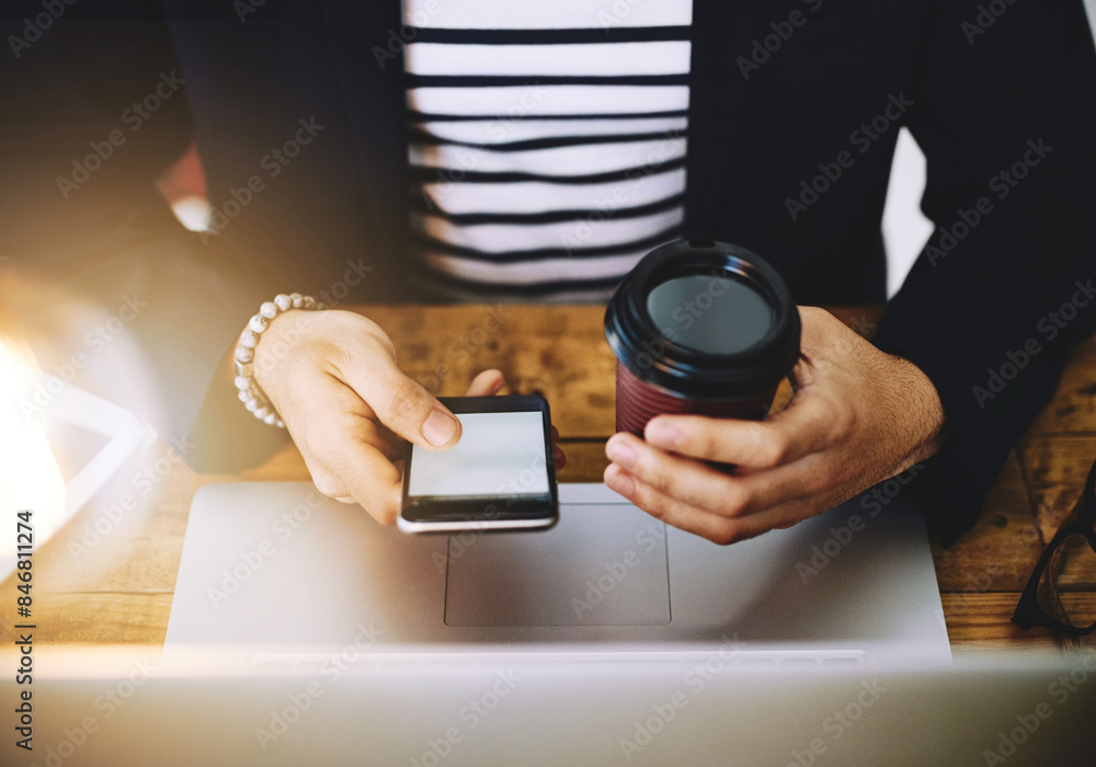 Aufkleber laptop, hands and man with cellphone and coffee in office for online email communication for busines