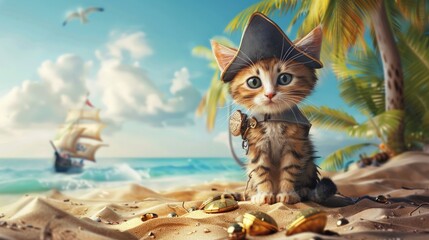 Obraz premium Cute Kitten Pirate on the Beach.