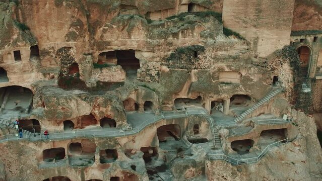 Aerial view of Cave City In Rugged Landscape At Vardzia In Southern Georgia. 