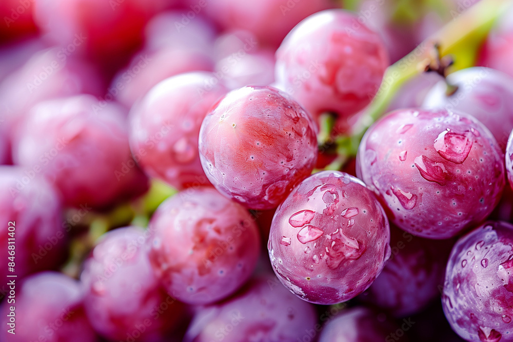 Poster a bunch of grapes with raindrops on them. the grapes are red and shiny. the raindrops make the grape