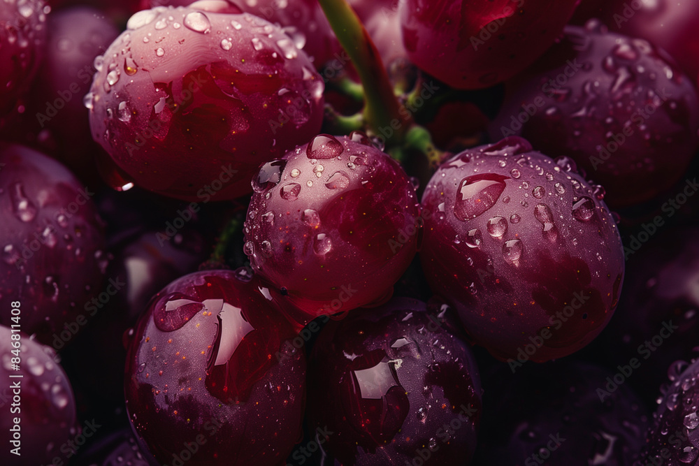 Poster a bunch of grapes with raindrops on them. the grapes are red and shiny. the raindrops make the grape