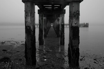 Atmospheric black and white image of an old pier's understructure on a foggy day