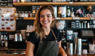A female smiling bartender in a black apron is standing in front of a menu board