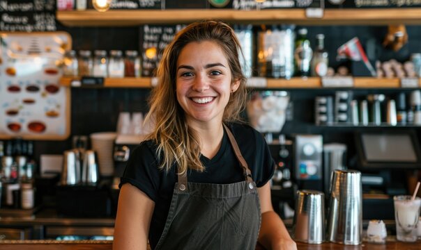 A female smiling bartender in a black apron is standing in front of a menu board