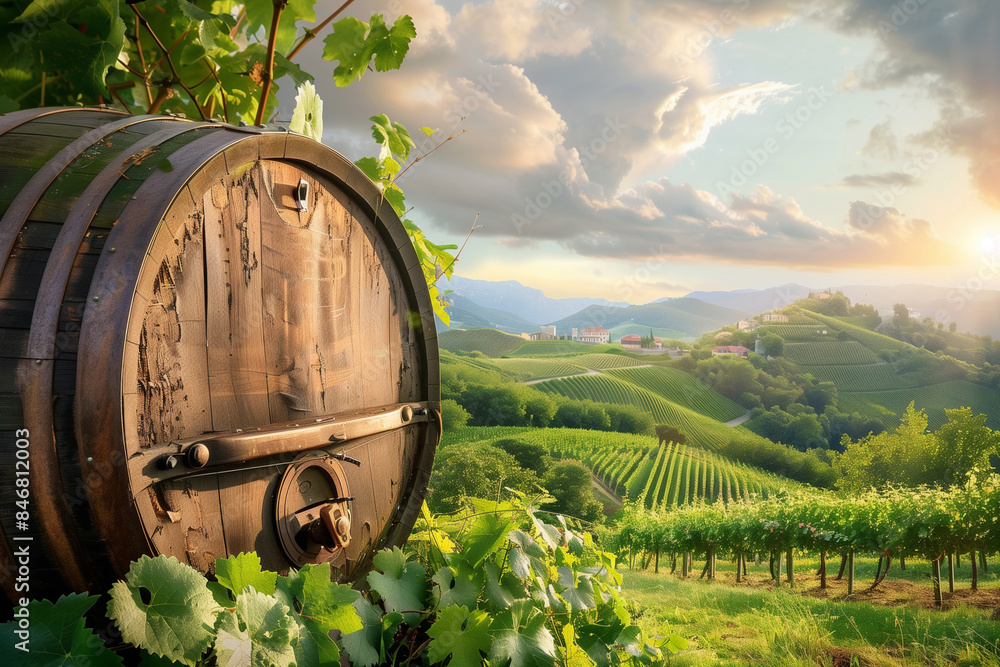 Aufkleber a barrel is sitting in a vineyard with rows of grape vines. the barrel is wooden and has a rustic ap