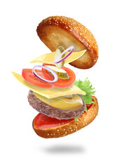 Delicious burger ingredients in air on white background