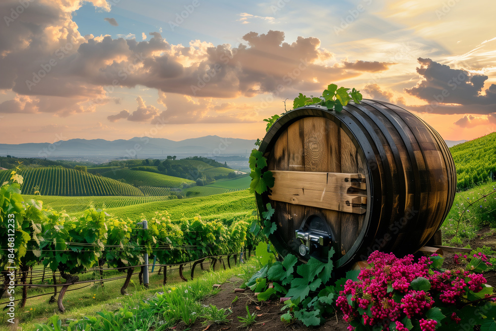 Aufkleber a barrel is sitting in a vineyard with rows of grape vines. the barrel is wooden and has a rustic ap