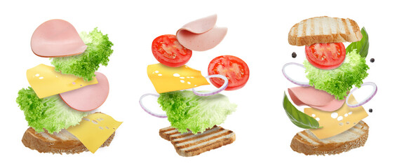 Delicious sandwiches with boiled sausage in air on white background, set © New Africa