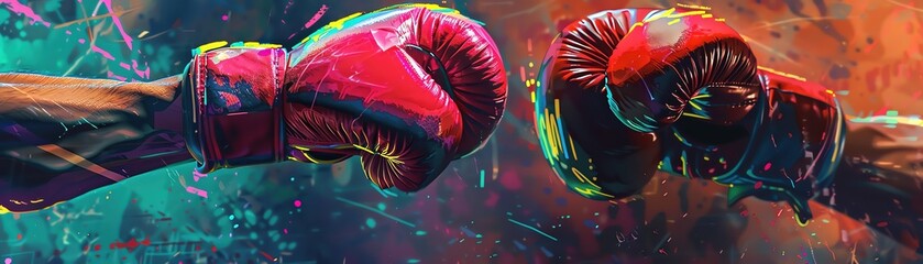 Dynamic vibrant painting of boxing gloves in action, showcasing the intensity and energy of the sport in a burst of color and motion.
