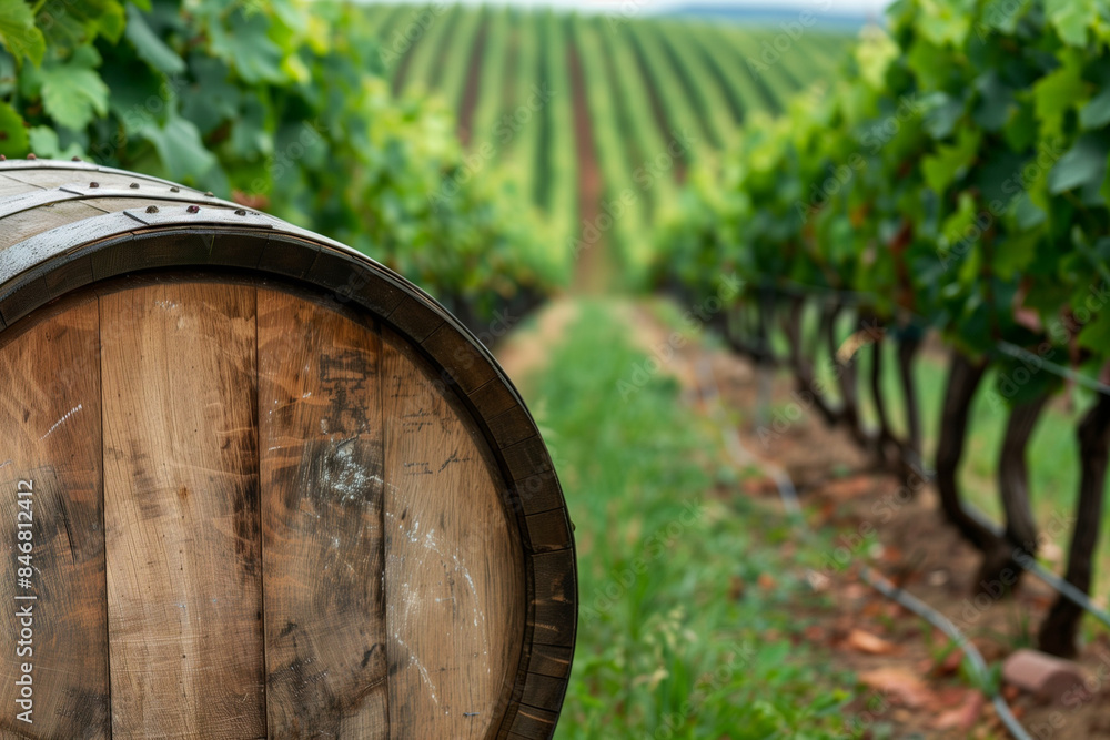 Poster a barrel is sitting in a vineyard with rows of grape vines. the barrel is wooden and has a rustic ap