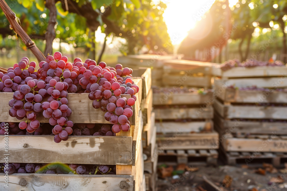 Poster a bunch of grapes are in wooden crates. the crates are stacked on top of each other