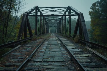 An old railroad bridge on a foggy day with fall colors peeping through