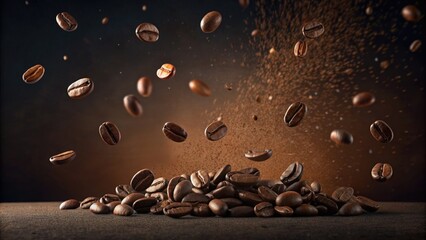 Coffee beans are flying in the air