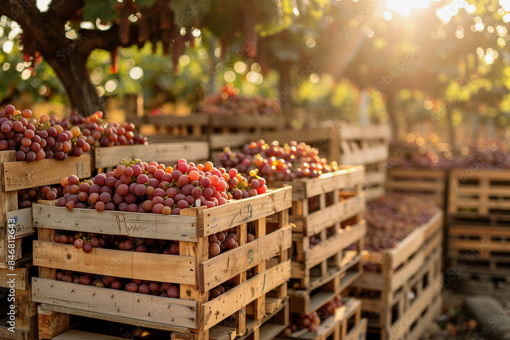 Poster a bunch of grapes are in wooden crates. the crates are stacked on top of each other