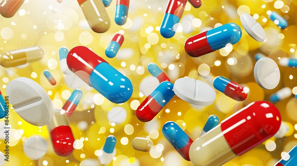 Aufkleber pills falling on pastel background with copy space and bokeh effect for diverse applications