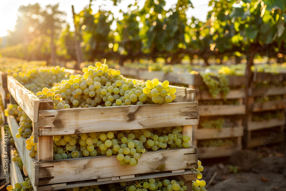 Poster a crate of grapes is piled on top of another crate. the grapes are ripe and ready to be picked