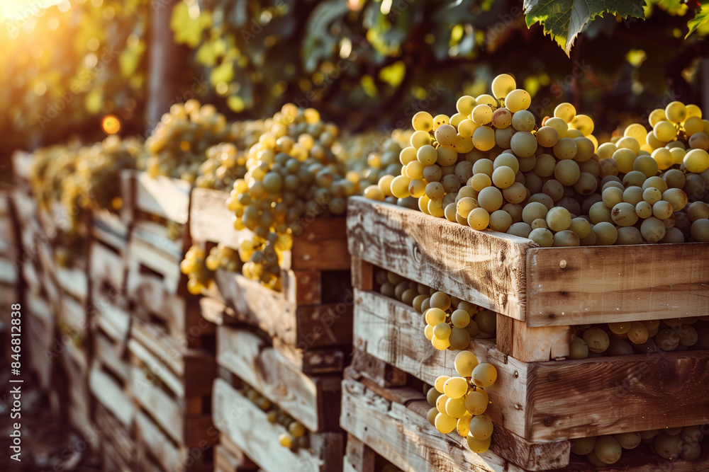 Poster a crate of grapes is piled on top of another crate. the grapes are ripe and ready to be picked