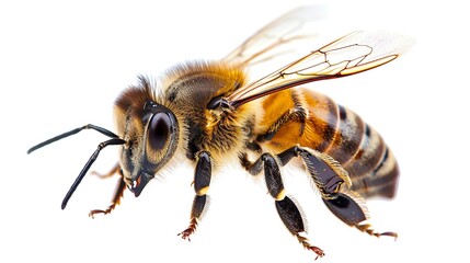 Close-up shot of a bee isolated on a white background, showcasing its detailed features and anatomy. Perfect for educational and nature-related projects.
