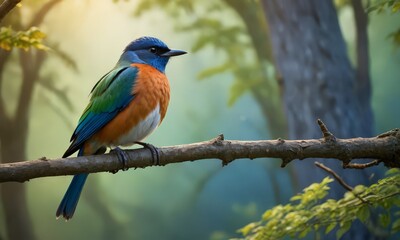 A Blue and Orange Bird on a Branch