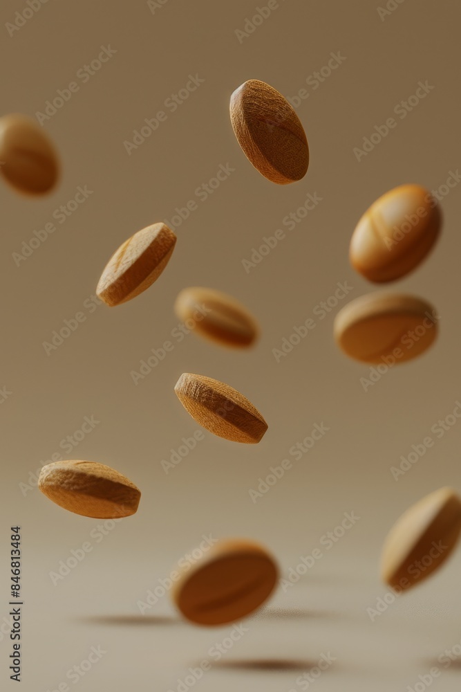 Poster pastel colored pills falling on soft background with copy space and bokeh effect