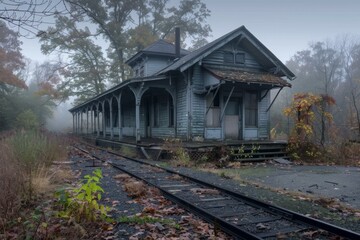 Naklejka premium Eerie view of a derelict train station and old tracks enveloped by fog in a desolate landscape