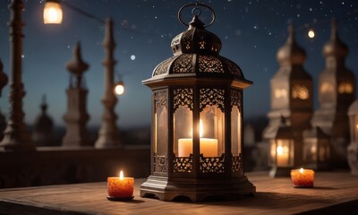 A Lamp with Candles and a Starry Sky in the Background