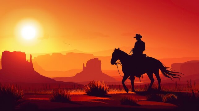 A cowboy riding a horse in silhouette against a desert landscape sunset background, with copy space. Generative AI - Powered by Adobe