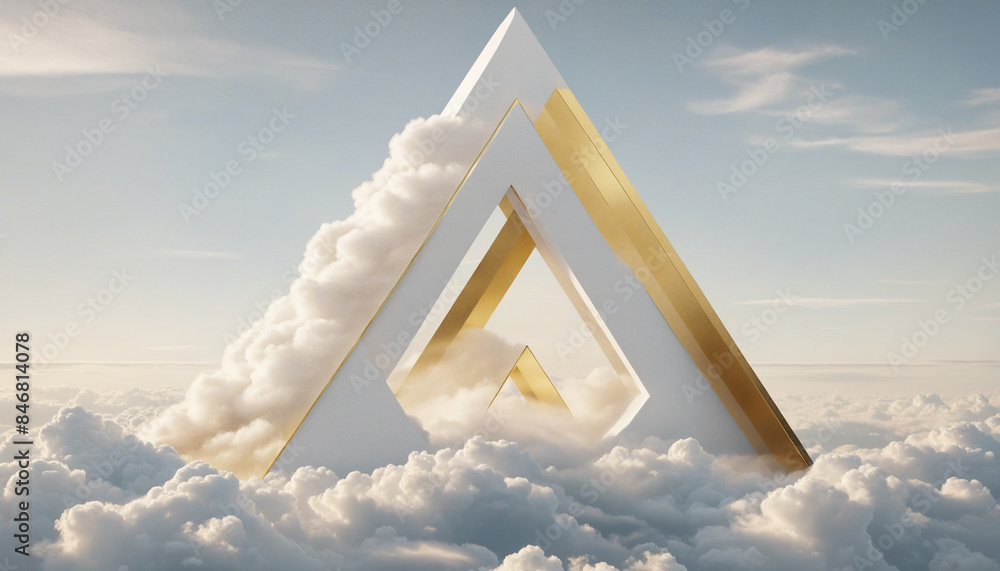 Canvas Prints three-dimensional golden triangle surrounded by white cumulus clouds in a dreamy and surreal fantasy