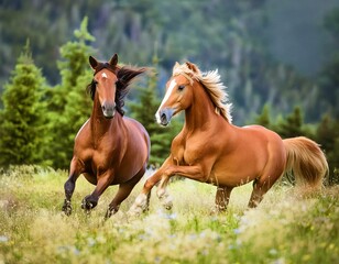 horse on the meadow.two horses in the meadow, Brown horses in motion two majestic brown horses in a meadow, their muscles rippling as they run, with the lush green field blurred in the background