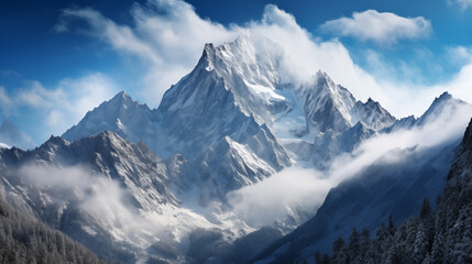 Landscape of mountain peaks summits with snow capped with cloudy