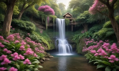Naklejka premium A serene waterfall surrounded by lush greenery and purple flowers.