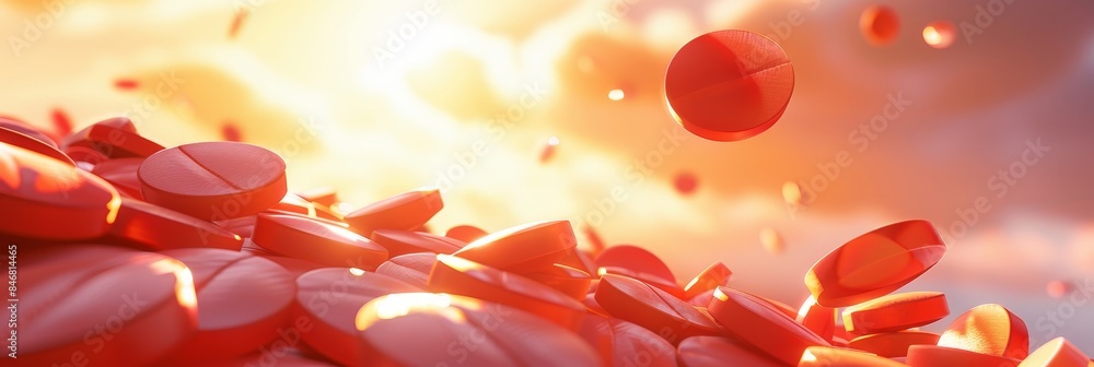 Poster falling pills on pastel background with copy space and bokeh effect for versatile design options