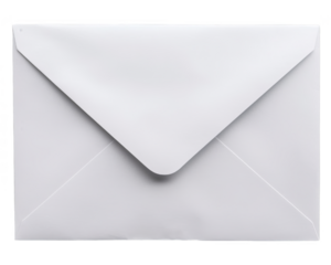 A blank white envelope isolated on a white background, transparent background. The envelope is closed and ready for mailing.
