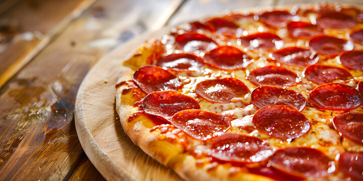 Plano a detalle de la mitad de una pizza de pepperoni en una mesa de madera