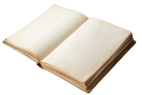 A blank, open book with aged pages, ready to be filled with stories, isolated on a white background, transparent background.