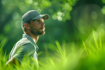 A male golfer is looking out at the golf course. He is wearing a green hat and a green shirt. The background is blurred, but you can see that there are trees in the distance.