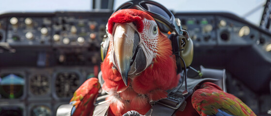 Parrot in pilot uniform sitting in cockpit of airplane