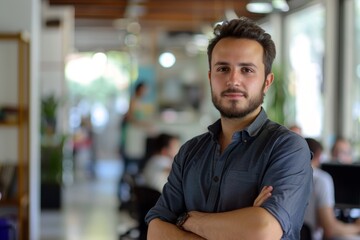 Fototapeta premium A young professional man standing in an office environment with his arms crossed.