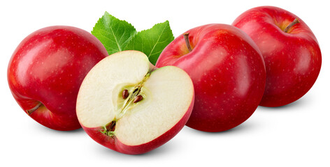 Apple isolated png. Red apple and a half with leaves on transparent background. PNG format. Red apples with no background. Full depth of field.