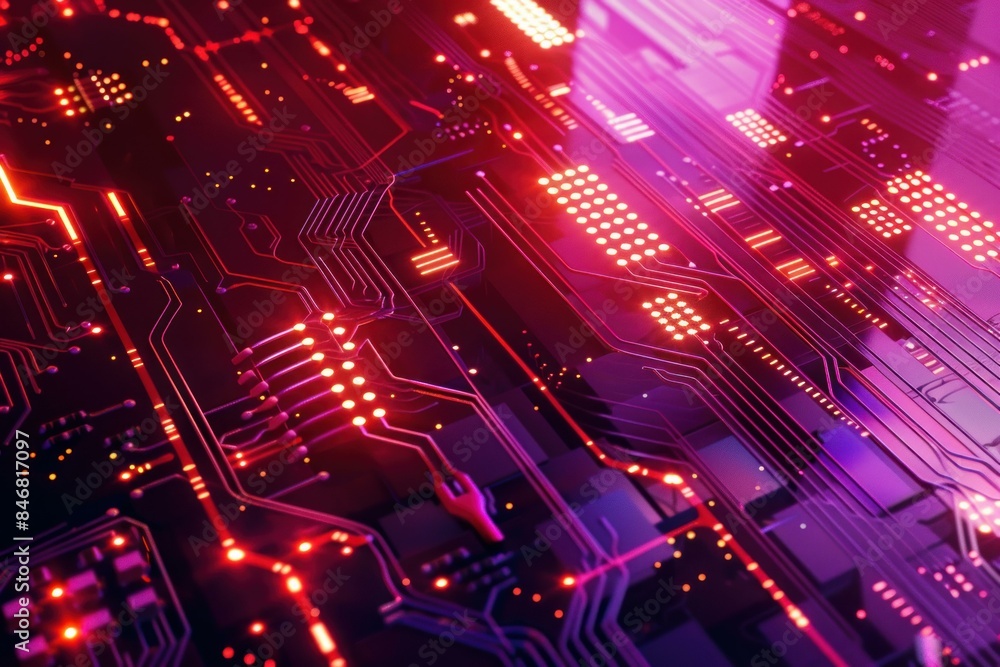Poster hightech background featuring a closeup of a circuit board with red and orange led lights